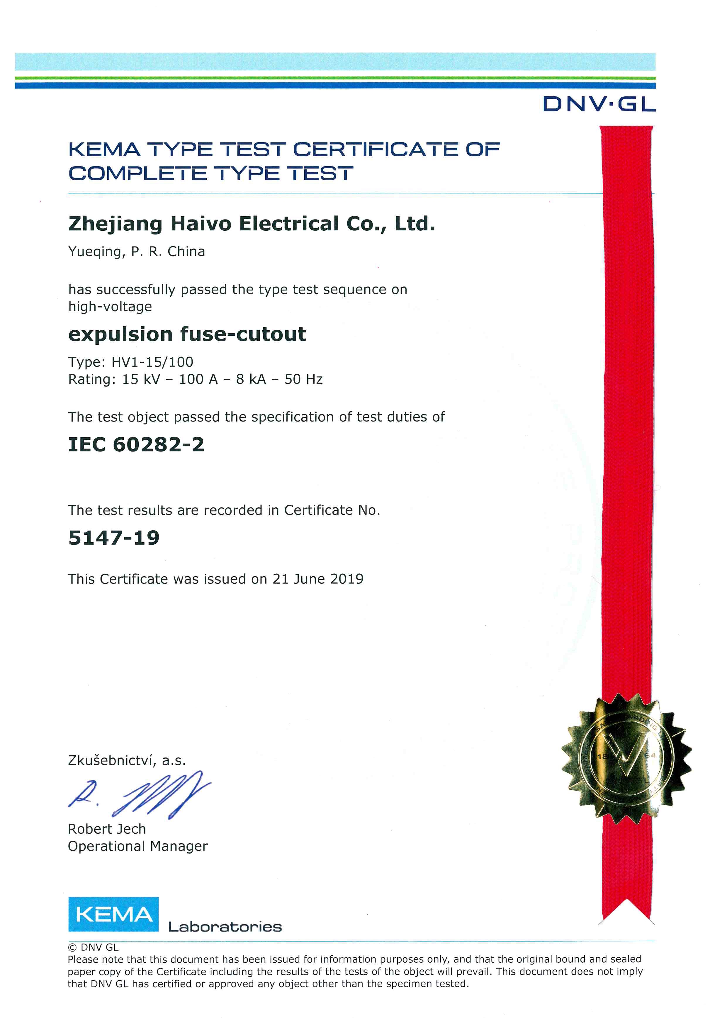 FUSE COTUTUT HV1-15-100 KEMA CERTIFICATE